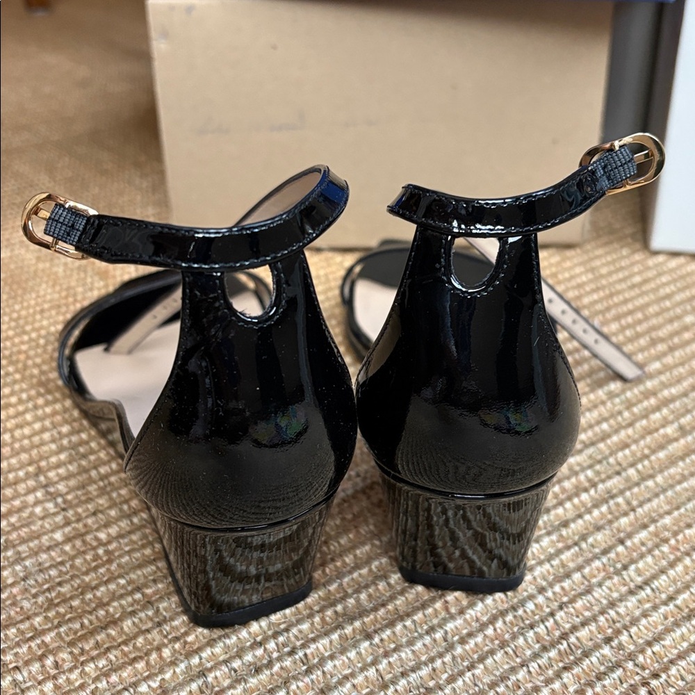 NWT Stuart Weitzman Nudistcurve 50 Black Patent Leather Wedges Sandals 7 - Picture 7 of 11